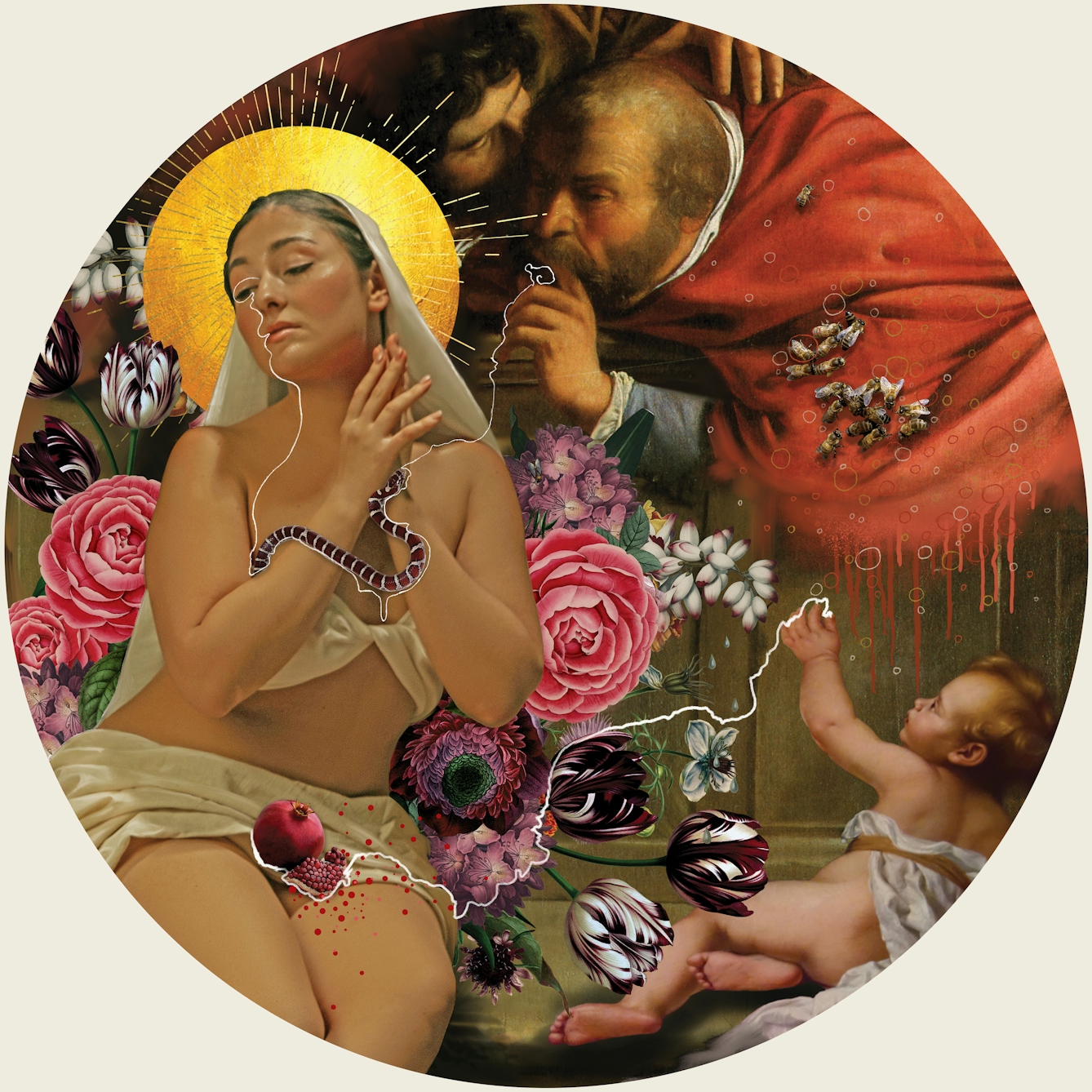 Digital montage artwork using elements from  the work of 16th century female baroque painter Artemisia Gentileschi, combined with other imagery and illustrative elements. The artwork is set within a circle. The image shows a woman with a golden halo, partially naked, sitting with her hands clasped together across he chest, her head tilted to the left and her eyes closed. In her lap is a pomegranate and around her wrist is a small stripy snake. Behind her to the right are two bearded men huddled in conversation, one whispering in the other's ear, one looking at the woman with his hand raised to his lips. On his red robes is a cluster of bees. Behind the woman are various colourful flowers in full bloom. To the bottom right is a young cherub-like child, partially clothed with their hand raised up, looking towards the two men. There is a thin white line which meanders and zig-zags across the image from the woman's right eye, down her body and over to the hand of one of the men. There is another line with link the pomegranate in the woman's lap to the young child's raised hand.