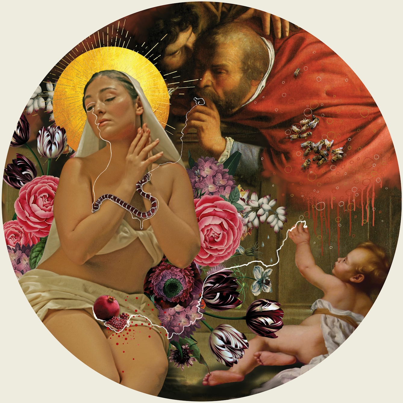Digital montage artwork using elements from the work of 16th century female baroque painter Artemisia Gentileschi, combined with other imagery and illustrative elements. The artwork is set within a circle. The image shows a woman with a golden halo, partially naked, sitting with her hands clasped together across he chest, her head tilted to the left and her eyes closed. In her lap is a pomegranate and around her wrist is a small stripy snake. Behind her to the right are two bearded men huddled in conversation, one whispering in the other's ear, one looking at the woman with his hand raised to his lips. On his red robes is a cluster of bees. Behind the woman are various colourful flowers in full bloom. To the bottom right is a young cherub-like child, partially clothed with their hand raised up, looking towards the two men. There is a thin white line which meanders and zig-zags across the image from the woman's right eye, down her body and over to the hand of one of the men. There is another line with link the pomegranate in the woman's lap to the young child's raised hand.