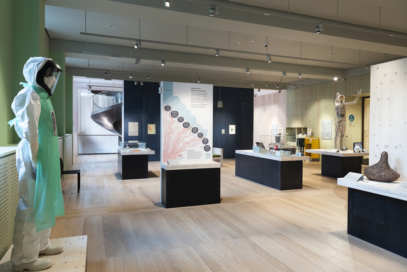 A photograph showing the Being Human exhibition space with windows overlooking Euston Road to the left of the room and the Wellcome Collection Dynamic Stair, seen in the background through the open entrance, also on the left. A wooden panelled wall between the open entrance on the left and an open entrance on the right is painted dark blue and some exhibits are displayed on it. A life-size model wearing a visor and protective clothing is seen in the foreground on the left. In the middle distance on the right a life-size transparent woman showing internal organs is displayed standing on a table with her arms raised above her head. Central to the image is a wooden table top on a black plinth with a freestanding rectangular backboard with light pink and blue graphics. Text is displayed in eight dark blue circles that run diagonally across the board.
