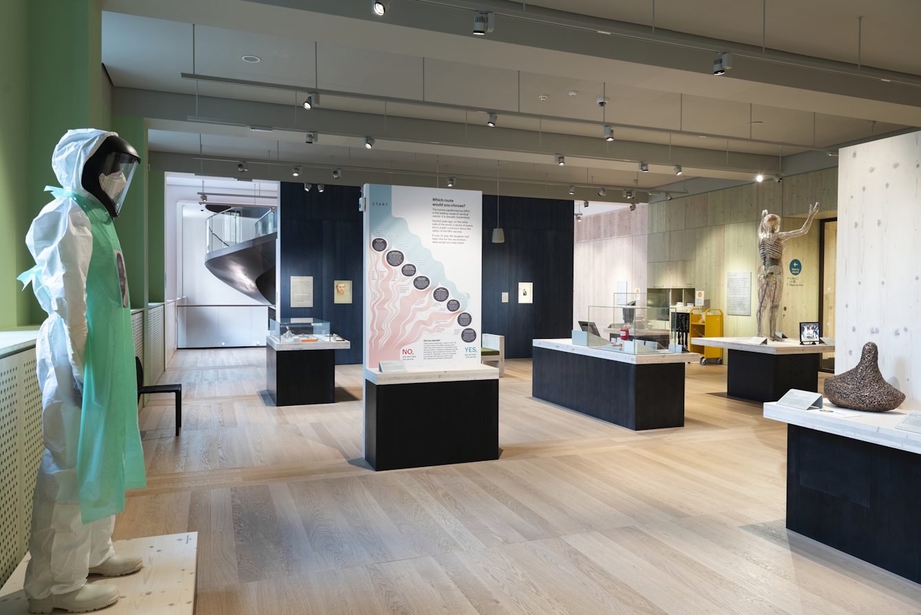 A photograph showing the Being Human exhibition space with windows overlooking Euston Road to the left of the room and the Wellcome Collection Dynamic Stair, seen in the background through the open entrance, also on the left. A wooden panelled wall between the open entrance on the left and an open entrance on the right is painted dark blue and some exhibits are displayed on it. A life-size model wearing a visor and protective clothing is seen in the foreground on the left. In the middle distance on the right a life-size transparent woman showing internal organs is displayed standing on a table with her arms raised above her head. Central to the image is a wooden table top on a black plinth with a freestanding rectangular backboard with light pink and blue graphics. Text is displayed in eight dark blue circles that run diagonally across the board. 