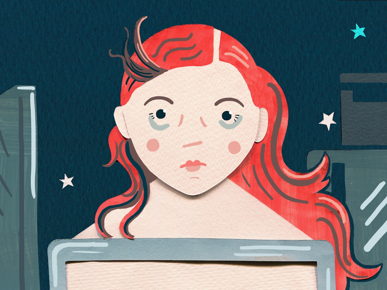 A mixed media illustration depicting a mother. Her bright red hair is dishevelled and she has bags under her eyes. In the background we see stars, depicting that it is nighttime.
