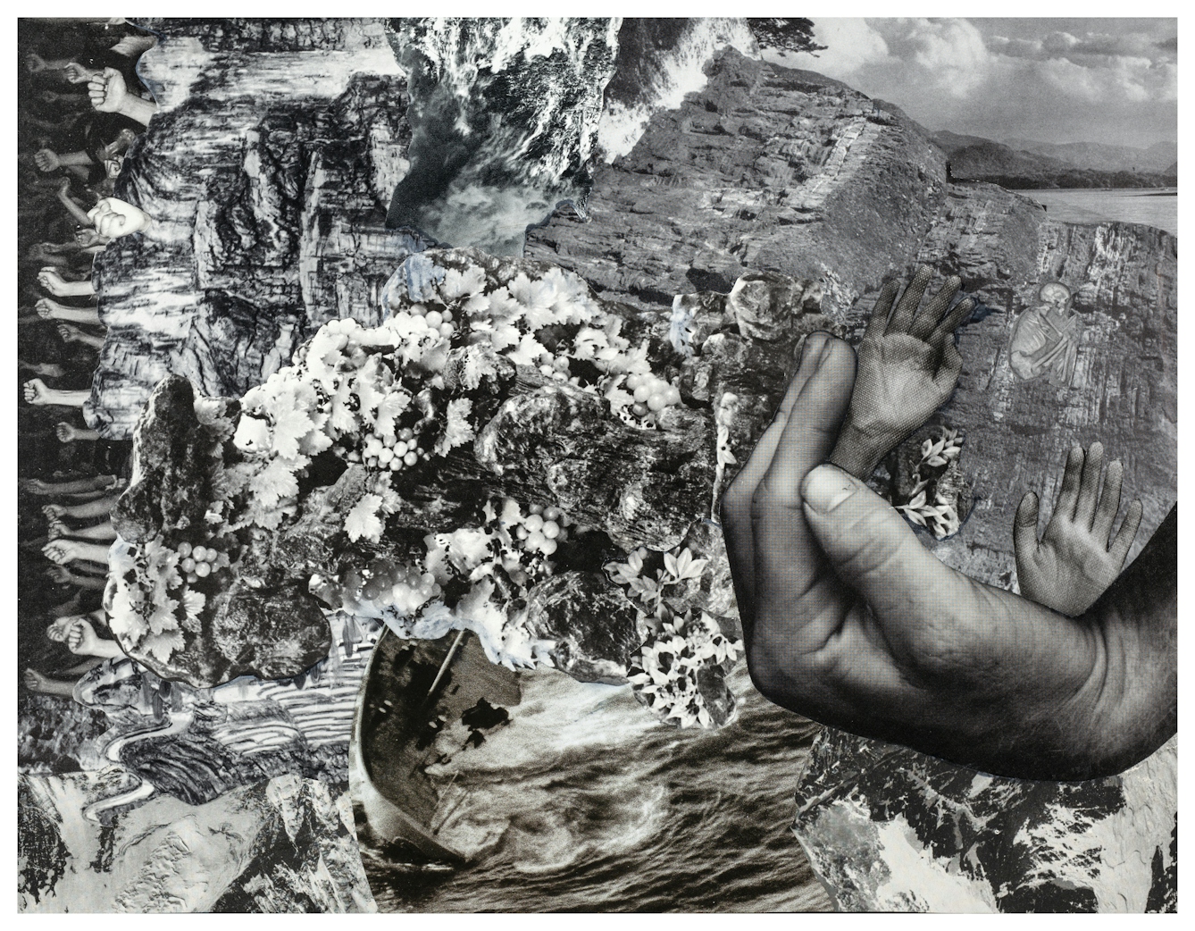 Photographic collage using images cut out from magazines and books. The scene depicts a complex and confusing image. To the left side, a sea of arms making fists all stick out horizontally. To the left side a large hand enters the image cradling two more hands which are held out as if asking for help. Behind these hands, against a cliff face a small skeleton can be seen in the foetal position. The centre of the frame contains fragments of fruit, rock faces, foliage and the bow of a ship ploughing through water. The overall tones of the collage are monotone, blacks, whites and greys.