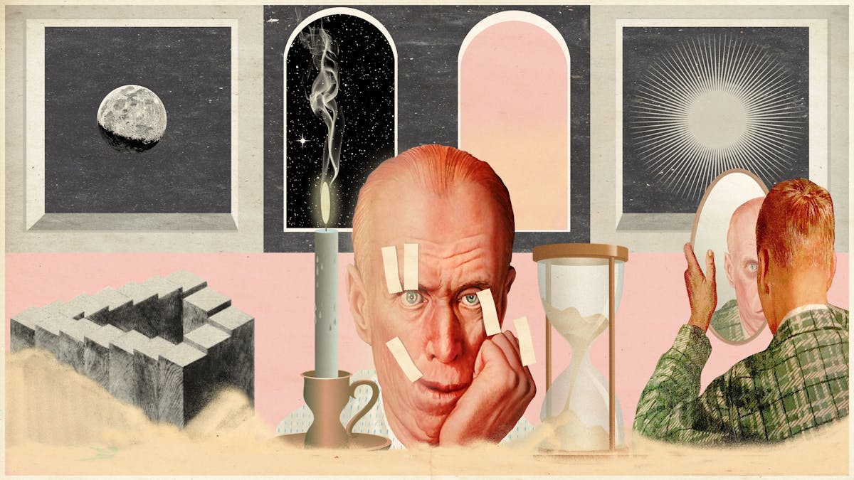 Mixed media digital artwork combining found imagery from vintage magazines and books with painted and textured elements. The overall hues are pastel yellows, pinks and greys with elements of harsh reds and oranges. At the centre of the artwork is an elderly man's face, his cheek resting on his hand. His thinning hair is swept back over his head and his eye stare blankly out in the distance. His right eyelid is being held open by two lengths of yellow tape and the right corner of his mouth is being held up into a forced smile by another length of tape. He looks exhausted. Behind his head are 2 doorways, one with a starry night sky and the other with a pink and yellow sunset sky. To the far left is a window with a diagram of the moon int he centre. To the far right is a window with a pictorial representation of the sun. To the left of the man's face is a large lit candle in a candlestick holder. To the right is a large hourglass which is cracked at the base, spilling sand out into a thick band across the bottom of the image. To the far right foreground is a diagram of a never ending staircase. To the far right foreground is a drawing of the back of the head and shoulders of a young man wearing a green checked jacket holding up an oval mirror in front of his face. His face in the reflection is of an old version of himself.