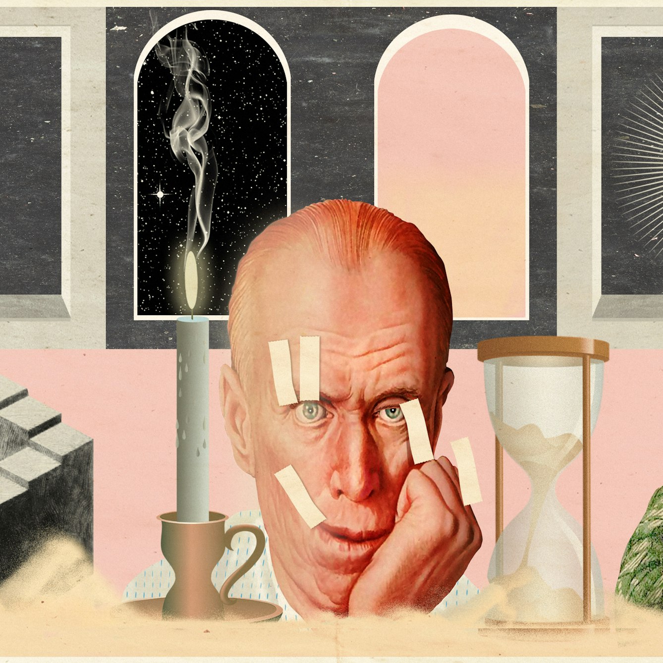 Mixed media digital artwork combining found imagery from vintage magazines and books with painted and textured elements. The overall hues are pastel yellows, pinks and greys with elements of harsh reds and oranges. At the centre of the artwork is an elderly man's face, his cheek resting on his hand. His thinning hair is swept back over his head and his eye stare blankly out in the distance. His right eyelid is being held open by two lengths of yellow tape and the right corner of his mouth is being held up into a forced smile by another length of tape. He looks exhausted. Behind his head are 2 doorways, one with a starry night sky and the other with a pink and yellow sunset sky. To the far left is a window with a diagram of the moon int he centre. To the far right is a window with a pictorial representation of the sun. To the left of the man's face is a large lit candle in a candlestick holder. To the right is a large hourglass which is cracked at the base, spilling sand out into a thick band across the bottom of the image. To the far right foreground is a diagram of a never ending staircase. To the far right foreground is a drawing of the back of the head and shoulders of a young man wearing a green checked jacket holding up an oval mirror in front of his face. His face in the reflection is of an old version of himself.