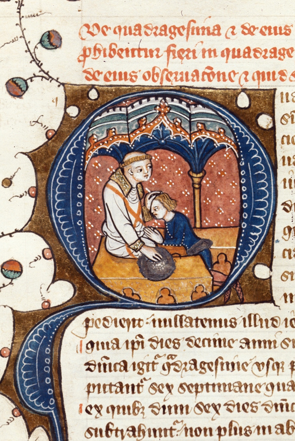 Detail of a historiated initial 'Q'(uadragesima) of priest hearing confession.