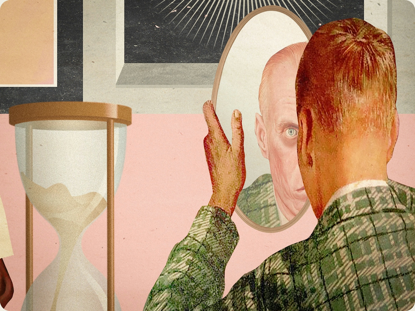 Detail from a larger mixed media digital artwork combining found imagery from vintage magazines and books with painted and textured elements. The overall hues are pastel yellows, pinks and greys with elements of harsh reds and oranges.  To the far right foreground is a drawing of the back of the head and shoulders of a young man wearing a green checked jacket holding up an oval mirror in front of his face. His face in the reflection is of an old version of himself. To his left is a drawing of an hourglass with the sand running through.