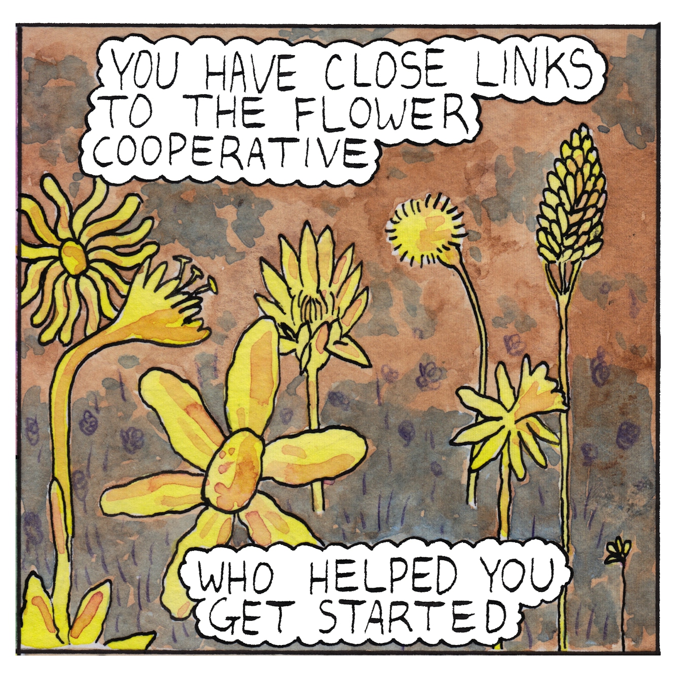 Panel 2 of a six-panel comic made with ink, watercolour and colour pencils: Seven different flowers, each with a different type of flower head fill the frame, some are on stiff, vertical stalks others with stalks bending to the right or left. Text bubbles at the top and bottom of the panel read: “You have close links to the flower cooperative, who helped you get started”