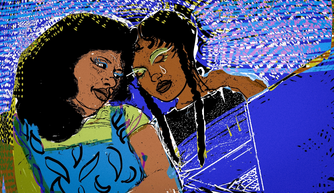 Colourful artwork of two women lying next to each other. The woman on the left is awake and is looking at the other woman fondly as she sleeps. The woman on the right is asleep and underneath a blanket, she is leaning on her friend. There is a large teardrop under her right eye. They are both wearing bright clothing. The background to the image is made up of multiple bright lines and textures in blue and purple shades. 