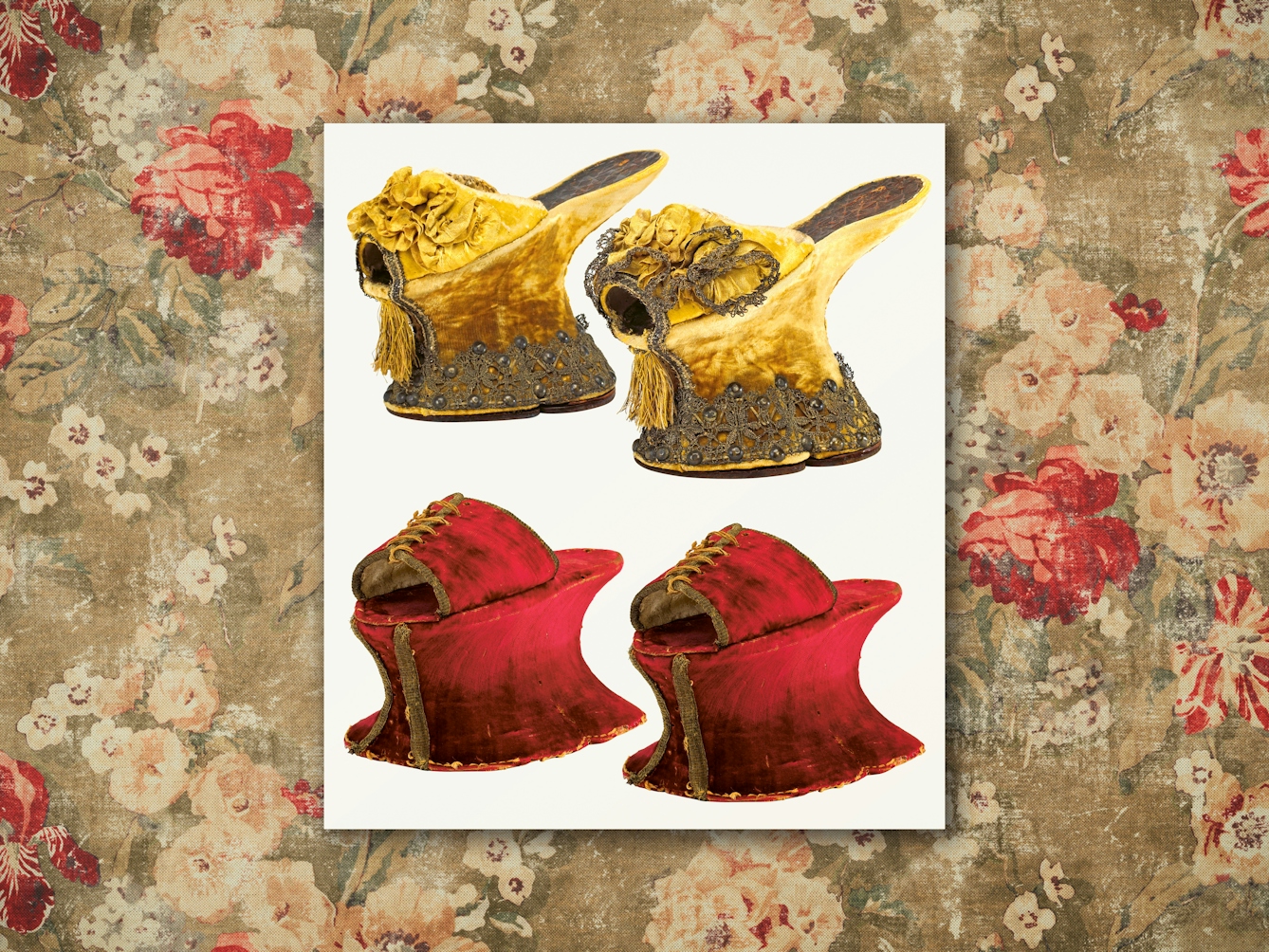 Digital composite image showing a floral renaissance worn fabric background. Resting on top of the background is a print of 2 pairs of chopins against a white background. The top pair are gold and ornately embellished with flowers and tassels. The bottom pair are bright red and laced with gold thread.