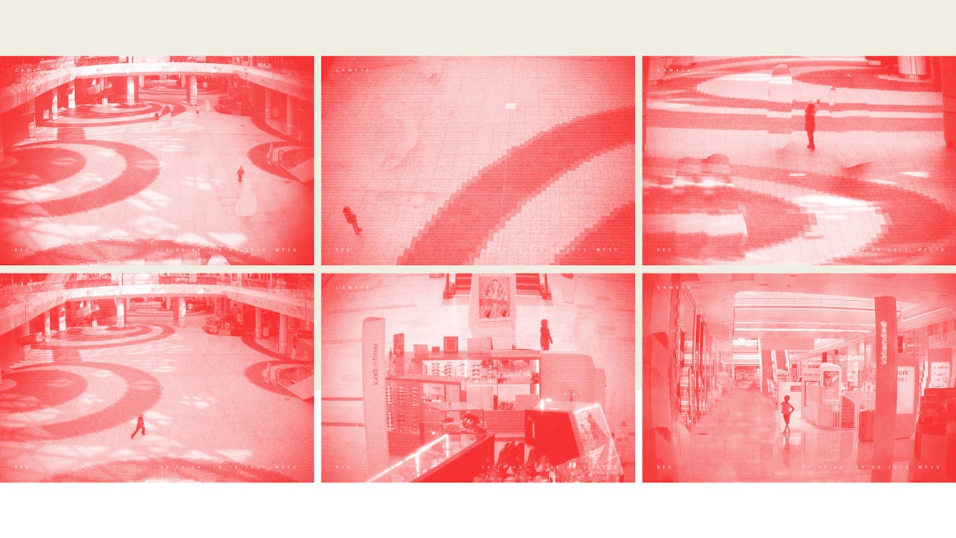 Grid of six pixellated photographs from shopping mall security cameras, where all adults have been crudely 'Photoshopped' out of each image, leaving one remaining child. The images have a red/pink tone applied to them.