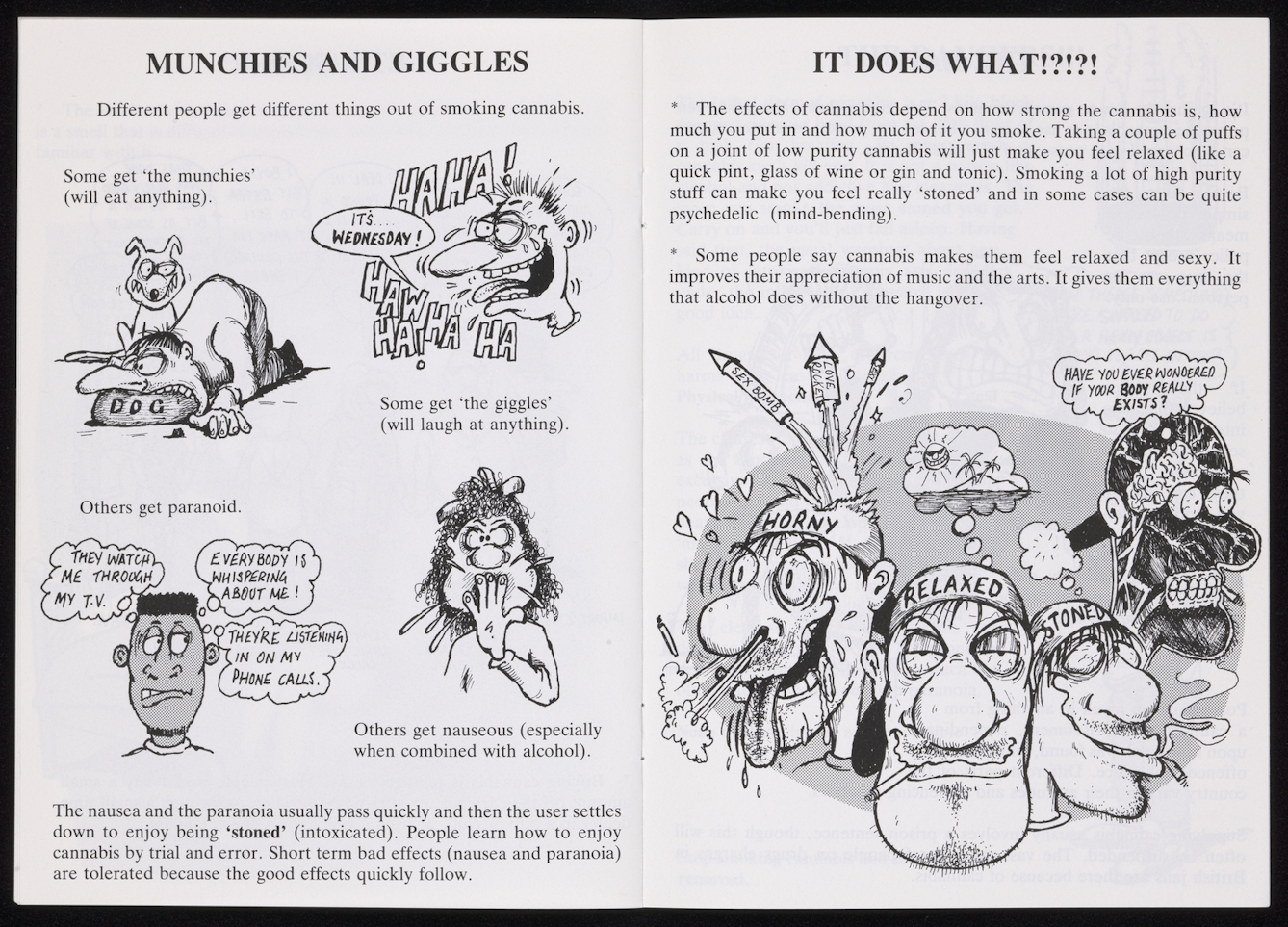Black and white pages from inside the guide, with text and cartoon-style pictures.