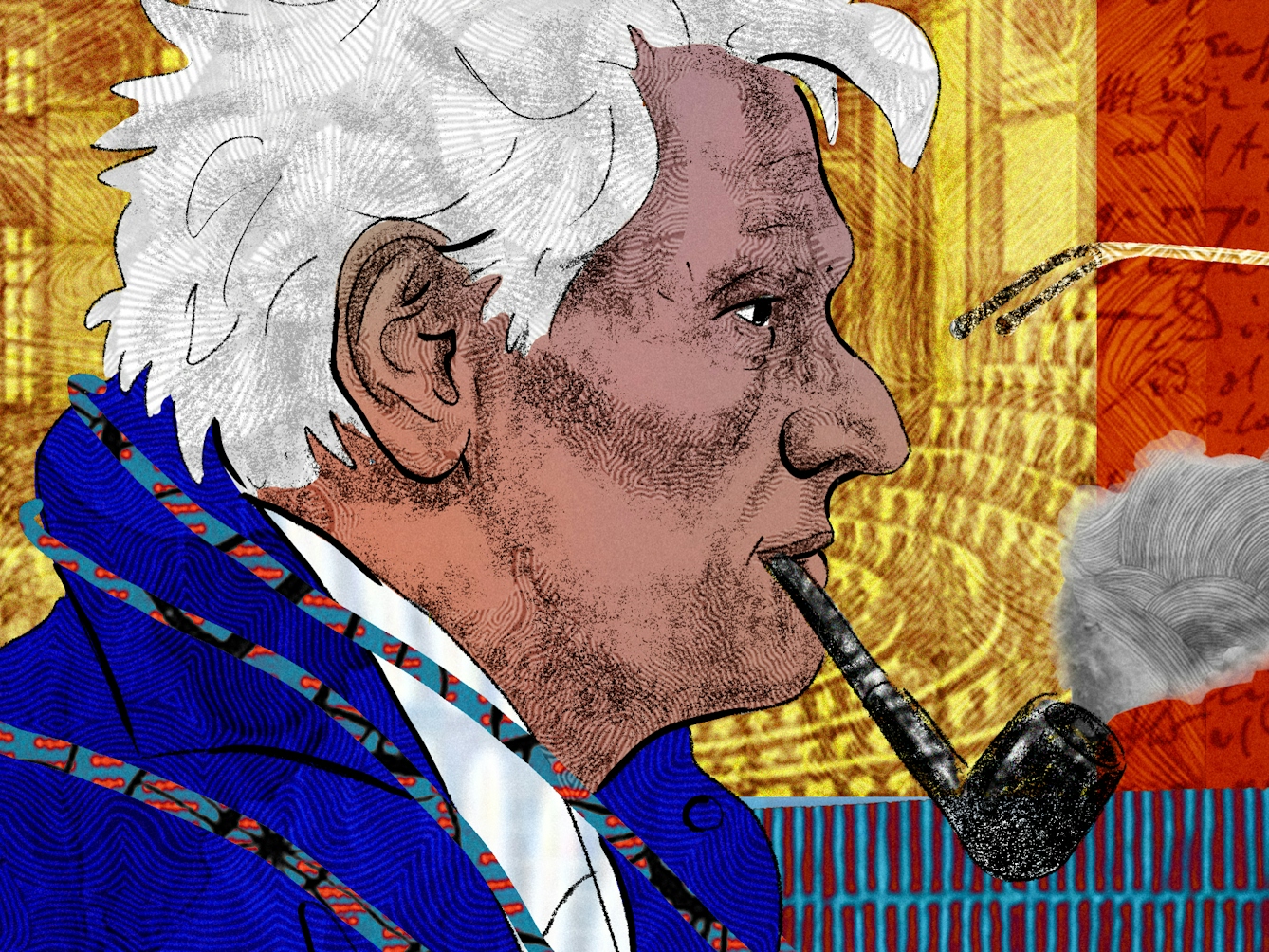 A detail from an abstract digital illustration featuring a head and shoulders portrait of a man in profile facing right, smoking a pipe, depicting the writer Jacques Derrida.  In the background is a collage of handwritten notes and archive material depictions of a lecture theatre and x-rays. 