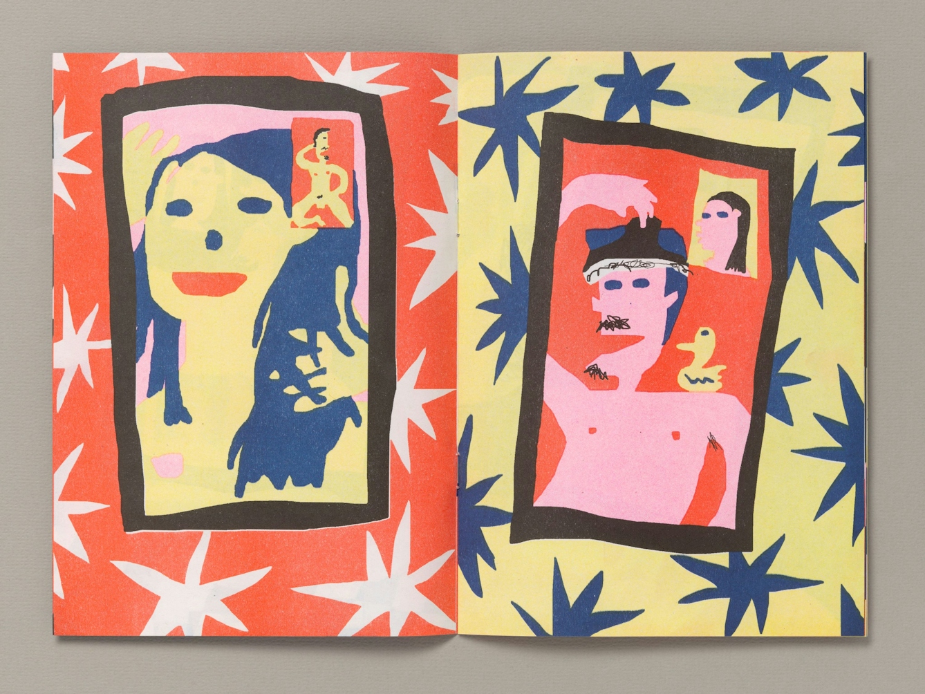 A double page spread from the zine 'Facetime love' by Kento Okawara. The left  side is a crudely painted figure of the head and shoulders of a woman with long hair and a red mouth framed by a heavy black rectangle. In the top right of the rectangle is a much smaller red rectangle containing a painted figure of a naked man doing a full-frontal pose. The main rectangle is surrounded by a red background with white stars. On the right side is another black-framed rectangle on a yellow background with blue stars. Inside this rectangel is a topless male figure with a mustache and goatee and wearing his underpants on his head. He has a small yellow duck perched on his left shoulder. In the top right of this rectangle is a small yellow square containing the head of a woman iwth long hair.