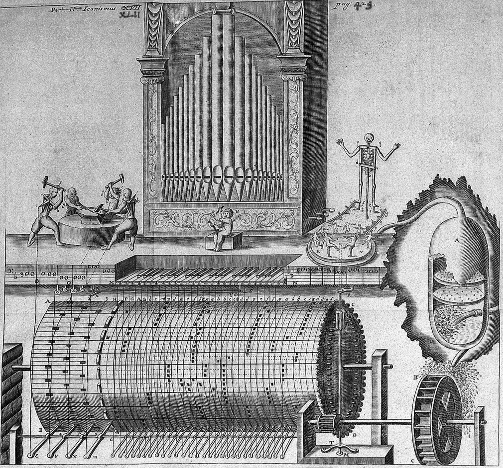 Old diagram of a mechanical toy with a large long cog, wires and an organ.