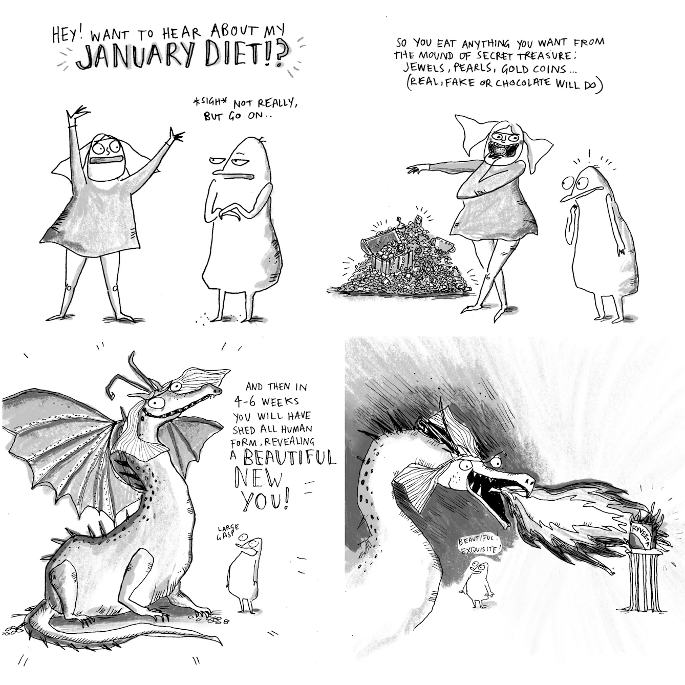 Webcomic comprising four panels showing two characters talking about January diets. One turns into a dragon and breathes fire over a packet of Ryvita. 
