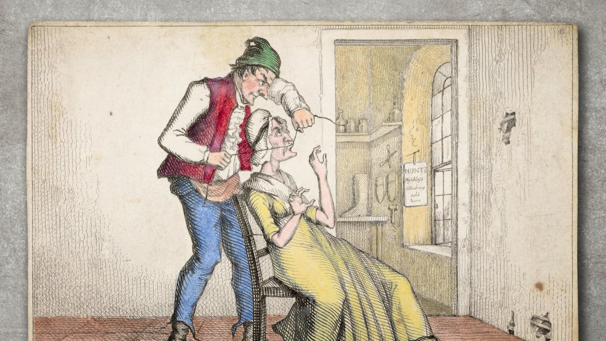 Coloured etching showing a shopkeeper sewing up his wife's mouth to apparently stop her from nagging. The etching is resting on a grey textured concrete background.