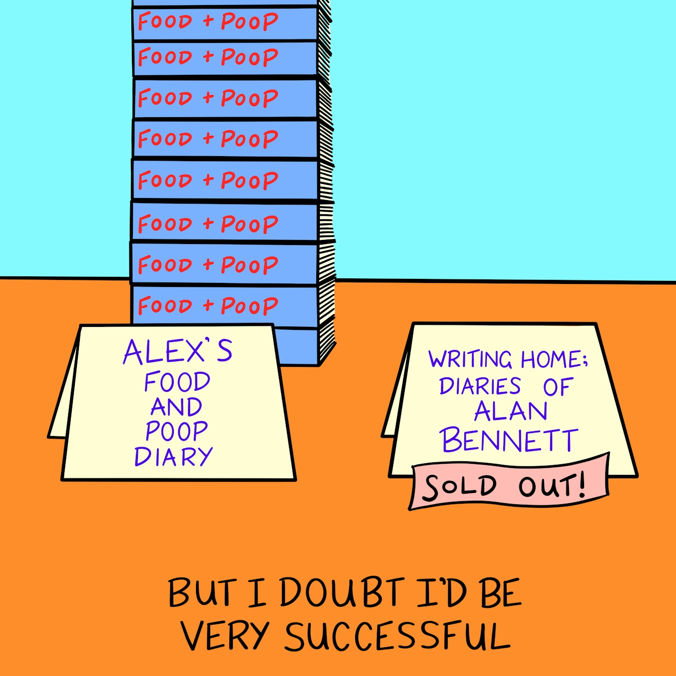 Panel 4 of a four-panel comic drawn digitally: two sets of folded card are on a table, one reading "Alex's Food and Poop Diary" with a big stack of books behind it and the other "Writing Home; Diaries of Alan Bennett" has no books and instead has a "Sold Out!" label. The caption text reads "But I doubt I'd be very successful"