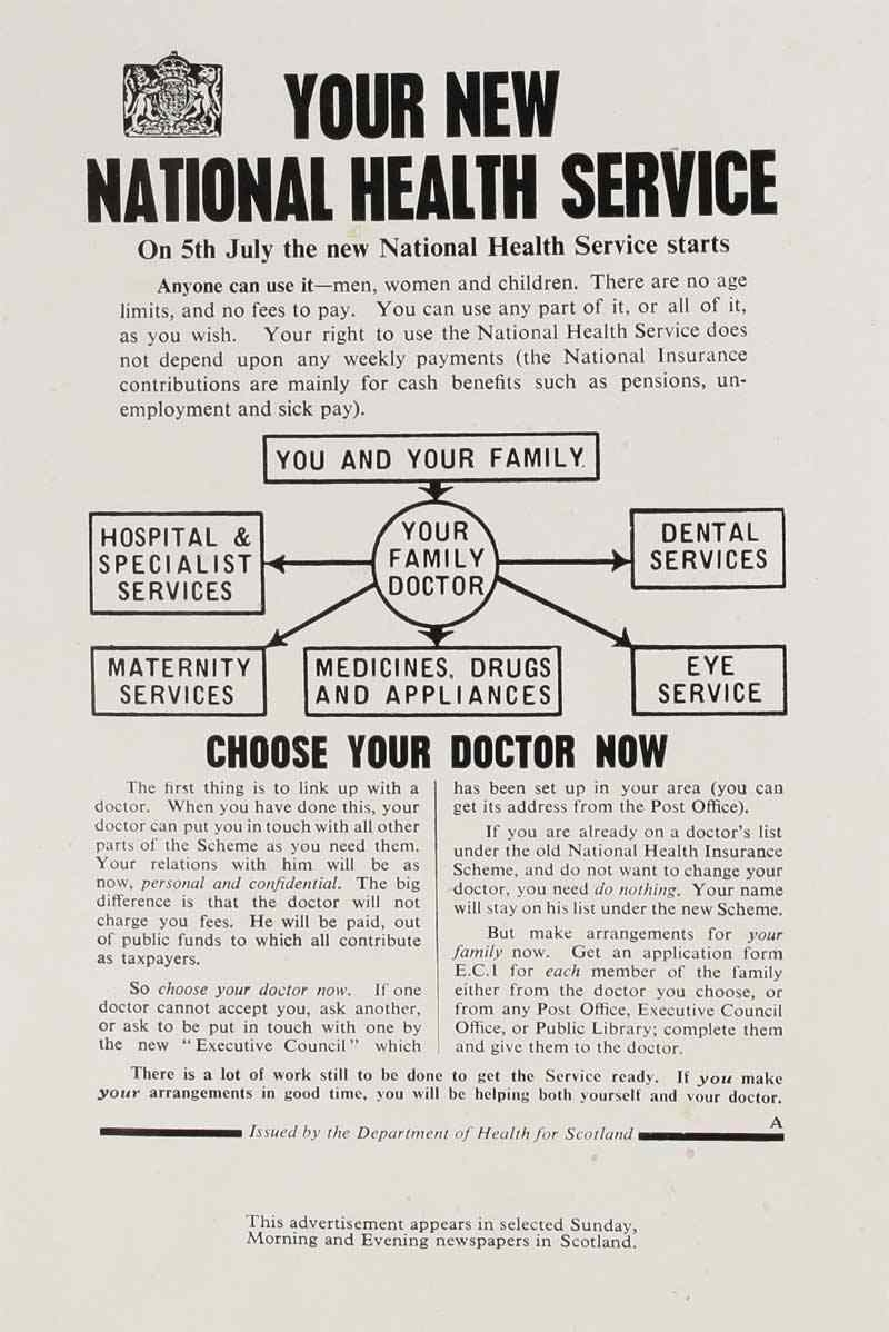 Photograph of a printed poster. Large text at the top reads 'Your new national health service'. Smaller text underneath it reads 'On 5th July the new National Health Service starts'. In the center there is a diagram with a number of text boxes and arrows. The top textbox reads 'You and your family' and has an arrow extending out of it and towards the central textbox which reads 'Your family doctor'. From this textbook there are five arrows, each pointing to a different textbox. These read 'Dental services', 'Eye service', 'Medicines, drugs and appliances', 'Maternity services' and 'Hospital and specialist services'. Text underneath this diagram reads 'Choose your doctor now'. 