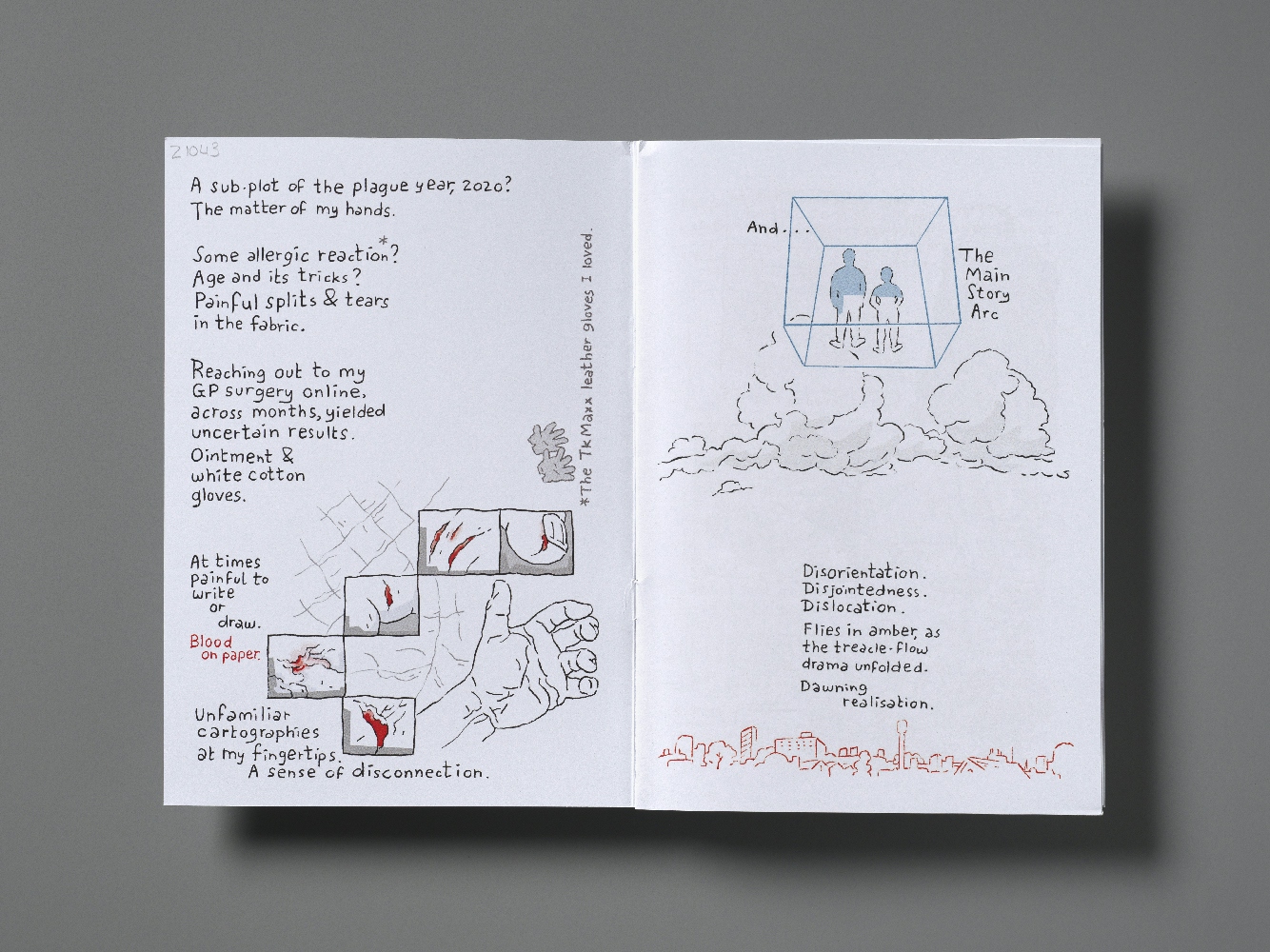 Double page spread from the comic-zine Uncharted Side Roads by Mike Nicholson. On the left page is an Image of a hand with several close-ups of a small cuts oozing bright red blood on the fingers. Accompanying text explains it is an unexplained condition of painful splits and tears in the skin. The righthand page has two annonymous figures standing side by side in a cube, which is floating above the clouds. A poem below the image is about "Disorientation. Disjointedness. Dislocation."