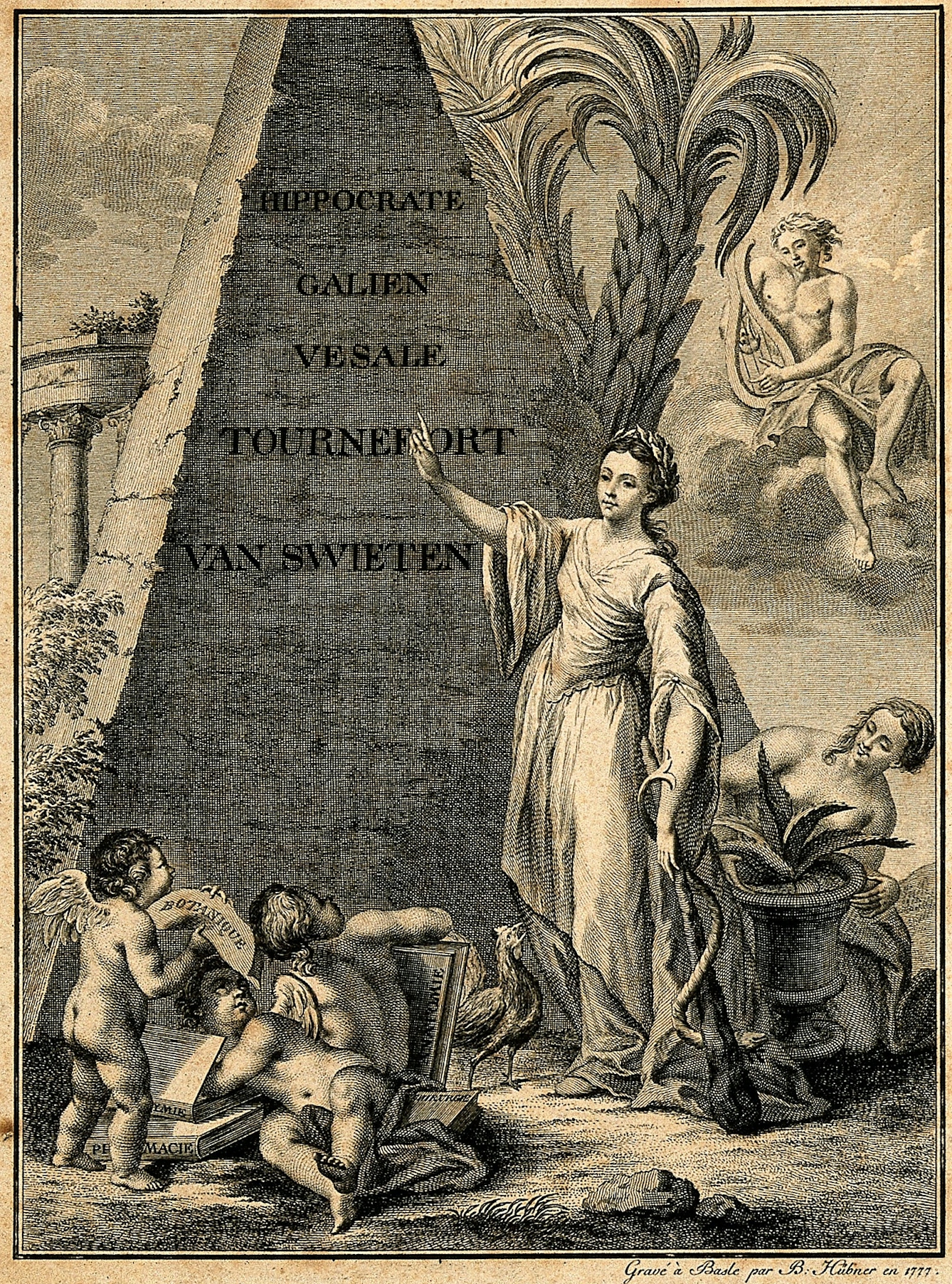 Putti hold books labelled "Botanique", "Pharmacie", "[Ch]ymie", "Anatomie". Hygieia stands next to a cock and holds a staff encircled by a snake.