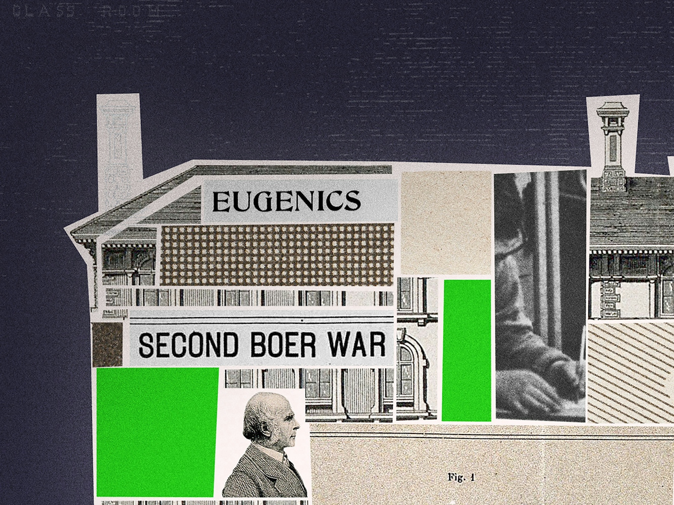 Crop from a larger digital collage. Shown is a building, labelled 'City of London Orphan School, Brixton'. The building's interior is filled with different collage elements, including newspaper headlines reading 'Eugenics', 'Second Boer War' and 'Birth Control'. There are also black and white photos of Francis Galton, John Locke and Sidney Webb. The remainder of the building is filled with green and sepia shapes. 