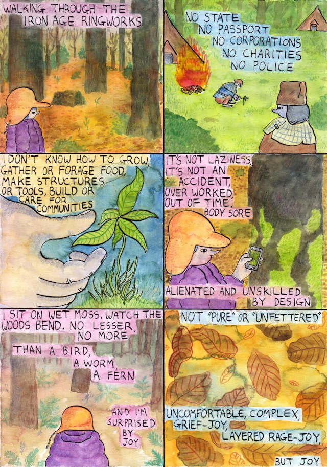 Six panel comic. 

The first panel shows a character in a yellow hat and purple coat standing in a forest. Text reads 