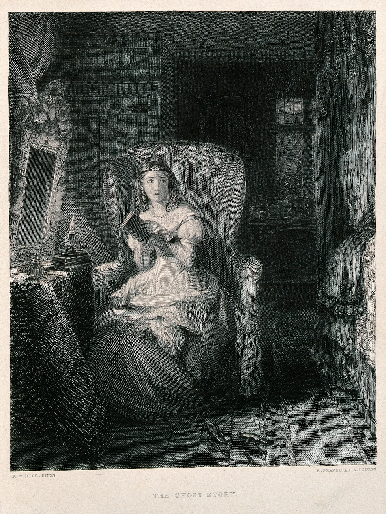 A young woman is sitting in a chair reading a story which has made her nervous