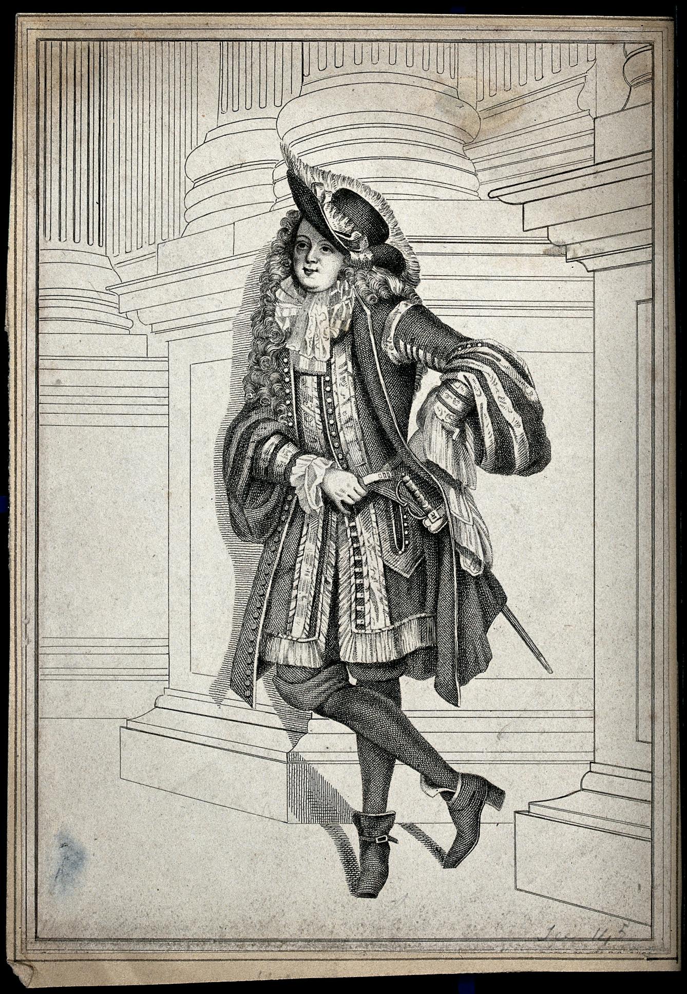 A man dressed in seventeenth century costume leaning against the socle of some double columns