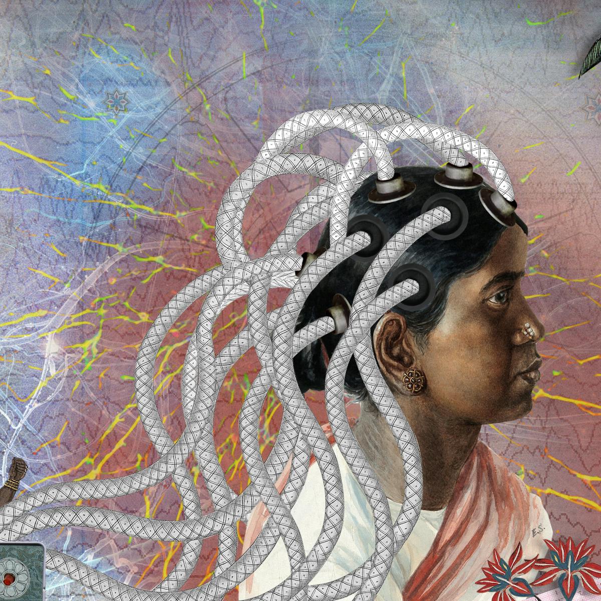 Illustration using collage techniques. Image shows a scene made up of mainly red and blue hues. To the right of centre is woman's head in profile, looking to the right. On her head are multiple electrode points with long tentacle like cords reach out and winding down to a small machine with dials on the front. To the far left of the image stands a young woman in a nursing uniform holding the read out from an EEG machine. In the background are floral and palm leave motifs.