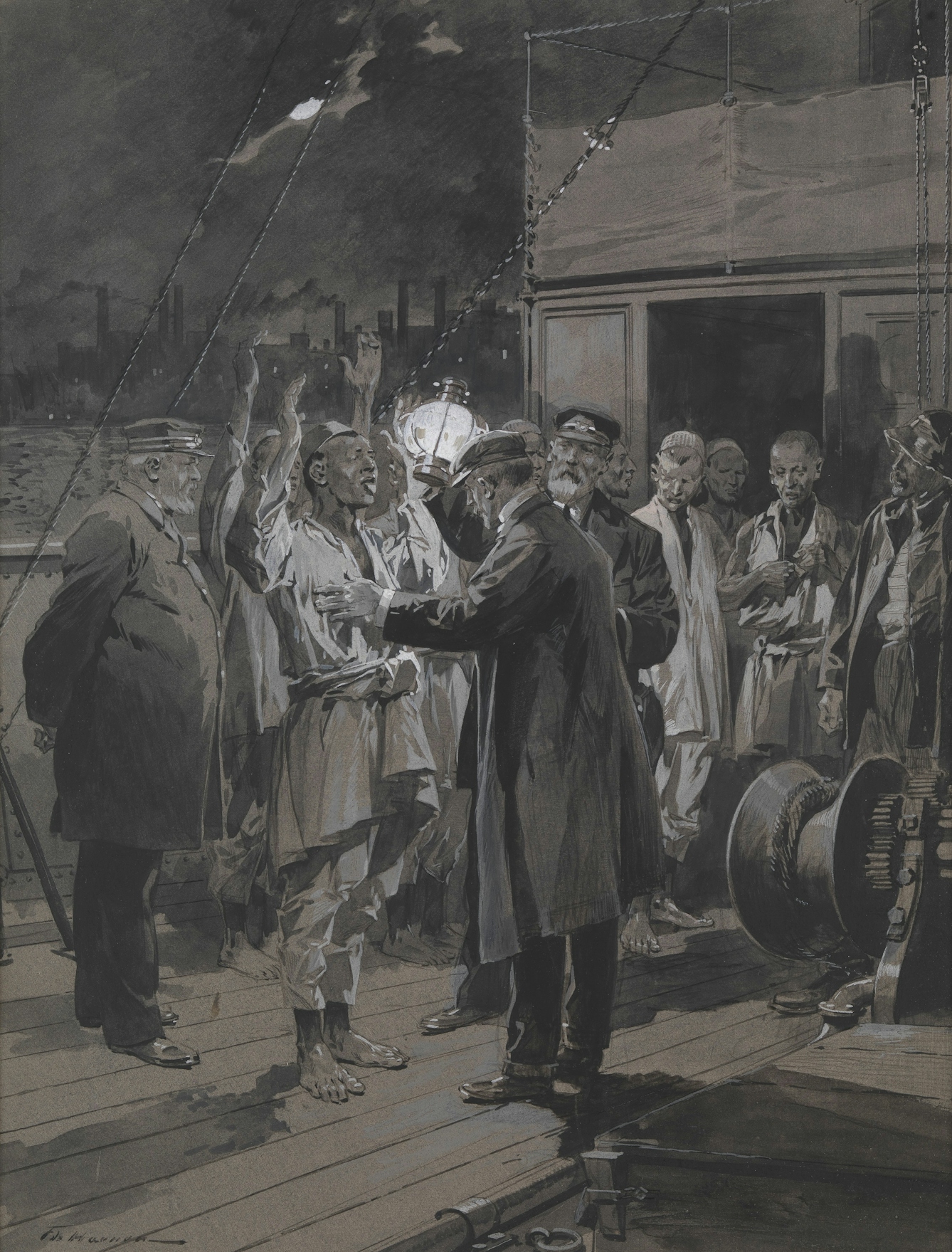 Watercolour painting depicts a medical officer examining a ship's crew for bubonic plague.