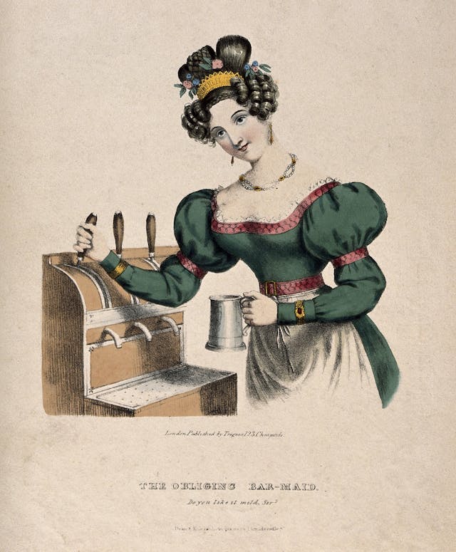A colour illustration showing a woman pulling a pint of beer. She is holding a silver-coloured tankard in one hand and pulling a lever with the other. She is wearing a green dress and white apron, and has flowers in her hair.