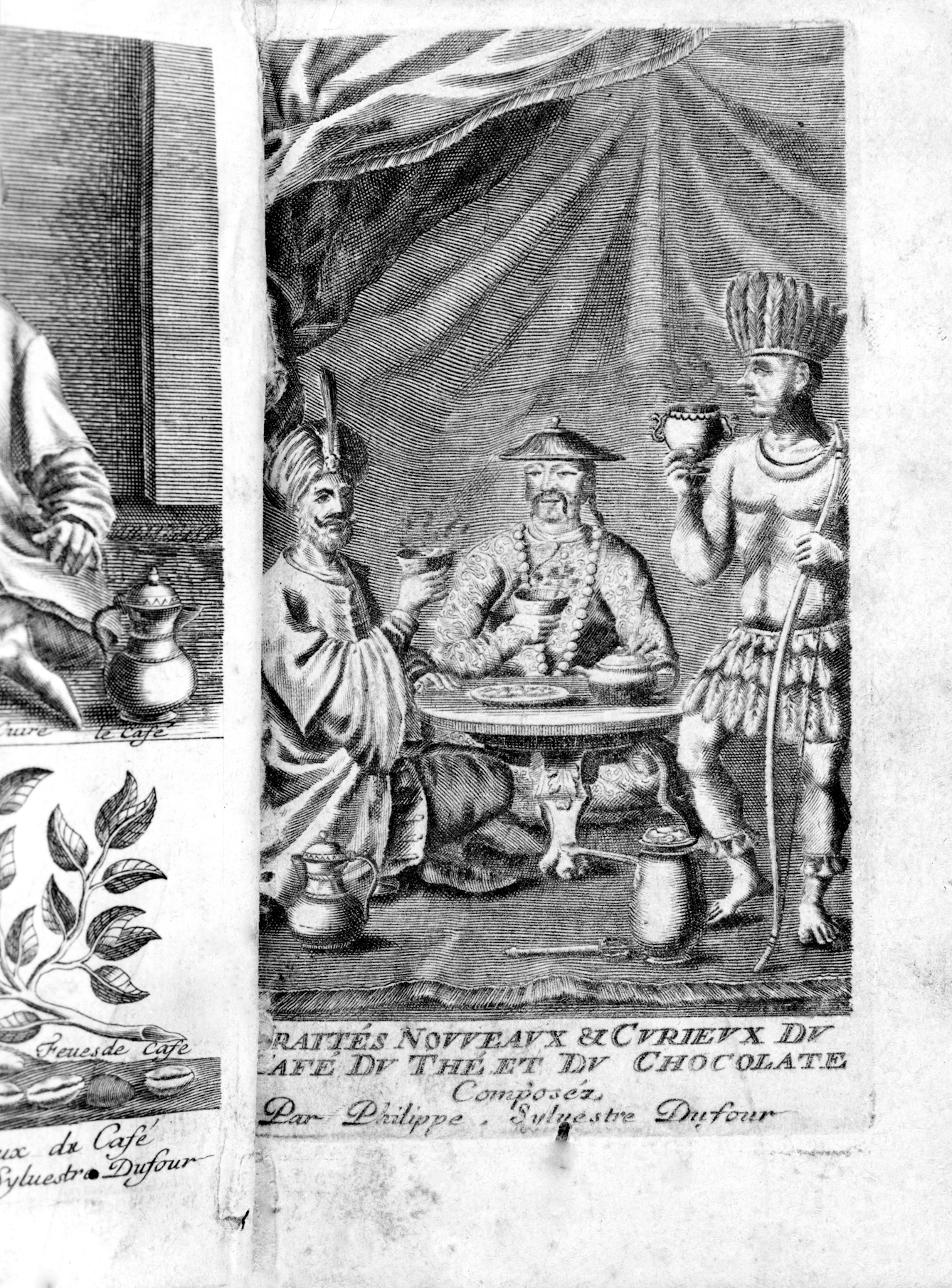 Black and white etched print showing three people, two seated on low cushions and one standing beside a low table, drinking hot chocolate. They are all wearing different clothing and headwear: one has a turban, another an asian conical hat, and the final a feather headdress. 