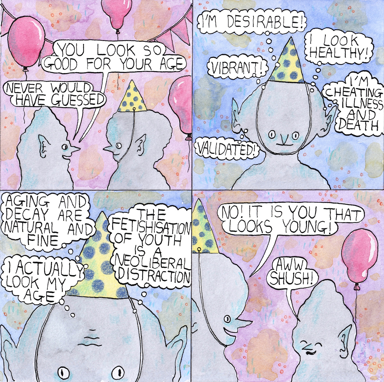 Fist comic by Rob Bidder which depicts two figures at a birthday party.