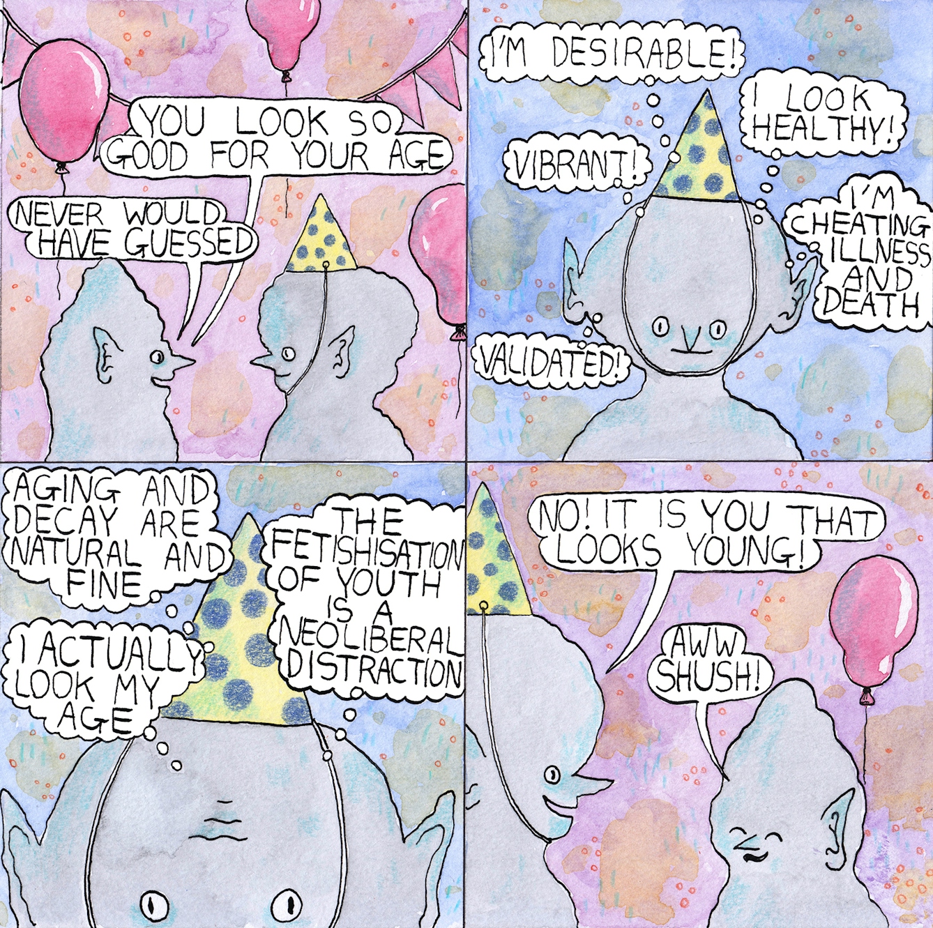 Fist comic by Rob Bidder which depicts two figures at a birthday party. 