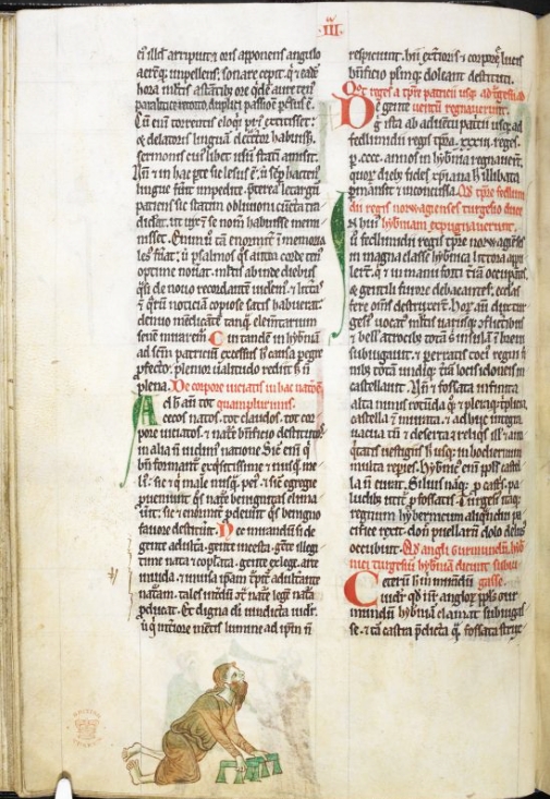 Page from an 13th century manuscript, Topicaphica Hibernia showing two columns of latin text. Below the text is an illustration of a bearded man on his knees, supporting his upper body with a 'tressle' in each hand.
