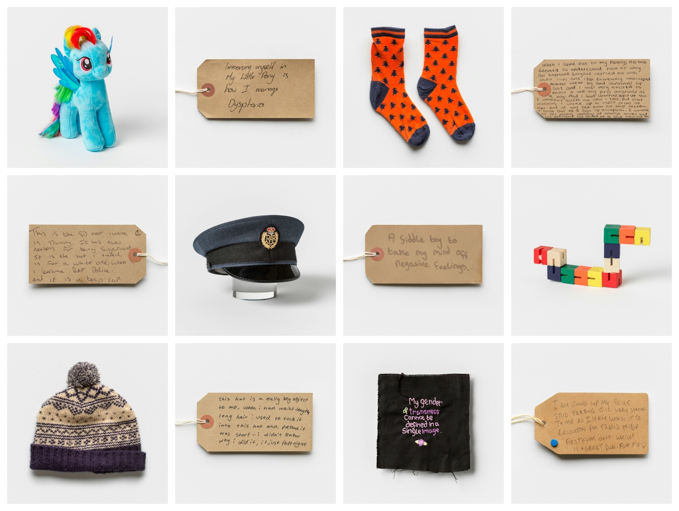 Grid of 12 square photographic images, 4 across and 3 down. The images alternate between a photograph of a brown parcel label complete with string tie and a photograph of an object. On the labels are handwritten messages. The objects pictured consist of a soft toy pony, a pair of orange socks, a pilot's cap, a wooden coloured puzzle, a wooly hat and a small embroidered square of material.