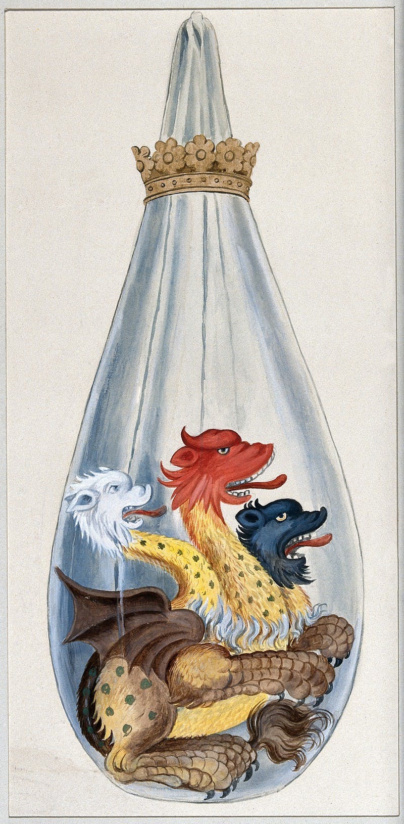 Watercolour of three-headed monster in a long blue sack-like flask