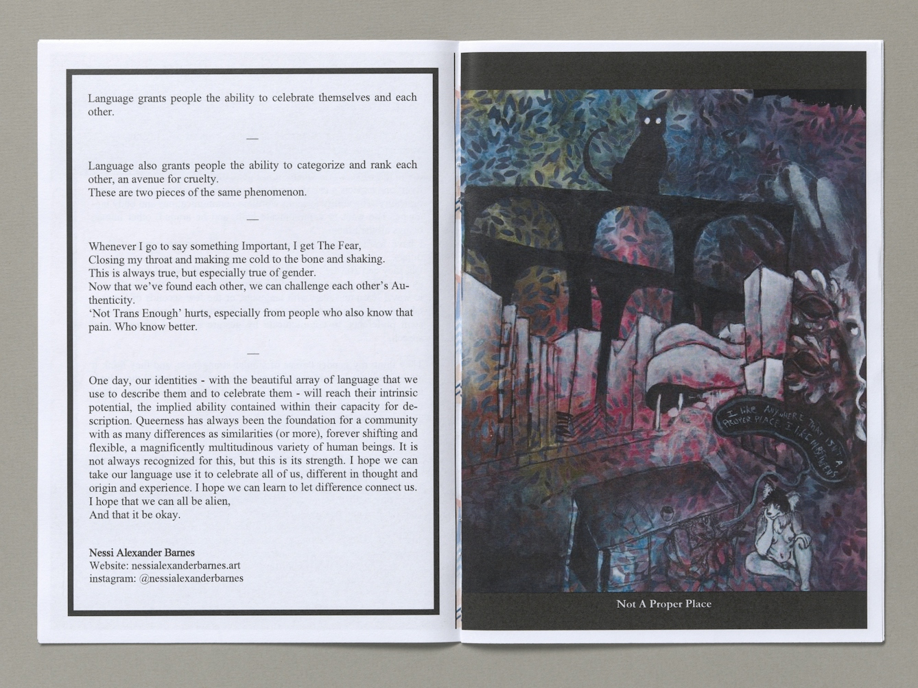 A two-page spread from a zine with typed text on the left side and a dark artwork on the right side. The image shows a a mottled patterned background with a black silouhette of a multi-arched bridge or viaduct with a large black cat sitting on it. Below this is a modern white cityscape and below that a naked figure with a bat-like face, sits on the floor next to a large desk, looking towards the desk. A speech bubble comes from a shadowy figure crouched under the desk saying "I like anywhere that isn't a proper place. I like inbetweens".