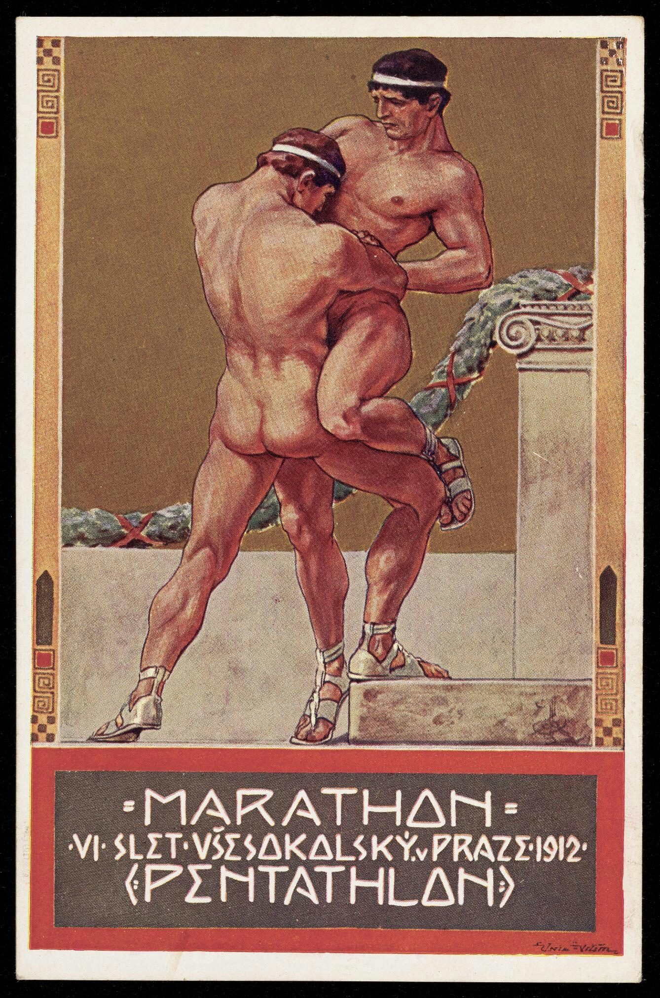 Image of postcard with colour painting of two nude men wrestling.