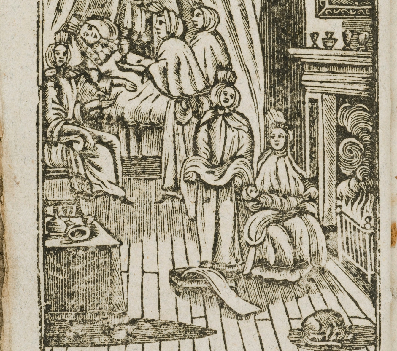 Black and white etching showing a midwife holding a baby on her lap in front of the fire. A lady lies in a bed behind, recovering from having just given birth.