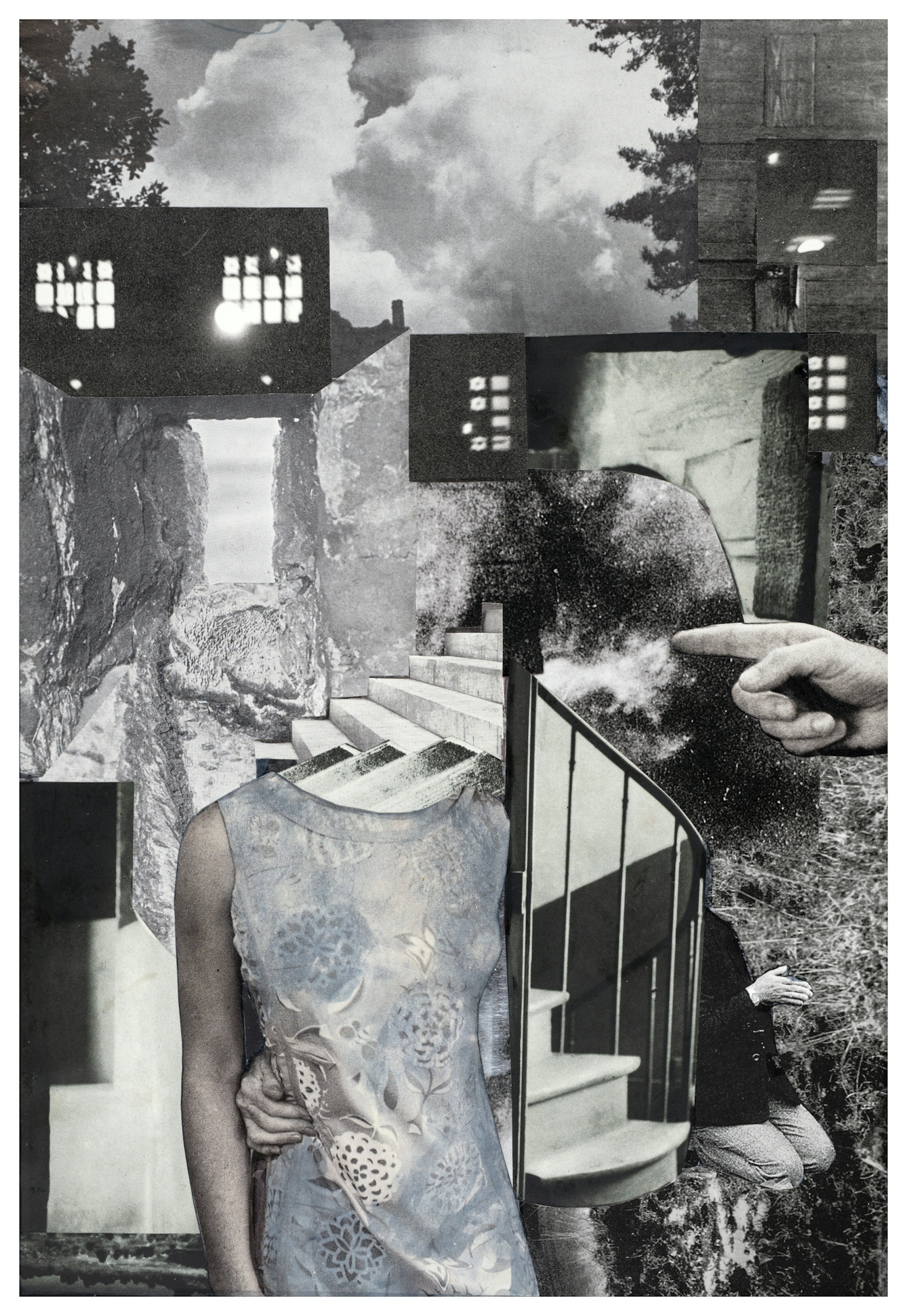 Photographic collage using images cut out from magazines and books. The scene depicts a woman's torso wearing a sleeveless floral dress. Her head and neck line have been cut out. Behind her are a couple of staircases leadings to nowhere. To the right of the woman is a hand entering the frame from the right, pointing a finger directly at where her head should have been. In the bottom right corner is the faceless figure of a man kneeling with his hands held together as if in prayer. The background of the scene is made up of fragments of buildings, windows, tree leaves and a heavy cloudy sky. The overall tones of the collage are monotone, blacks, whites and greys.