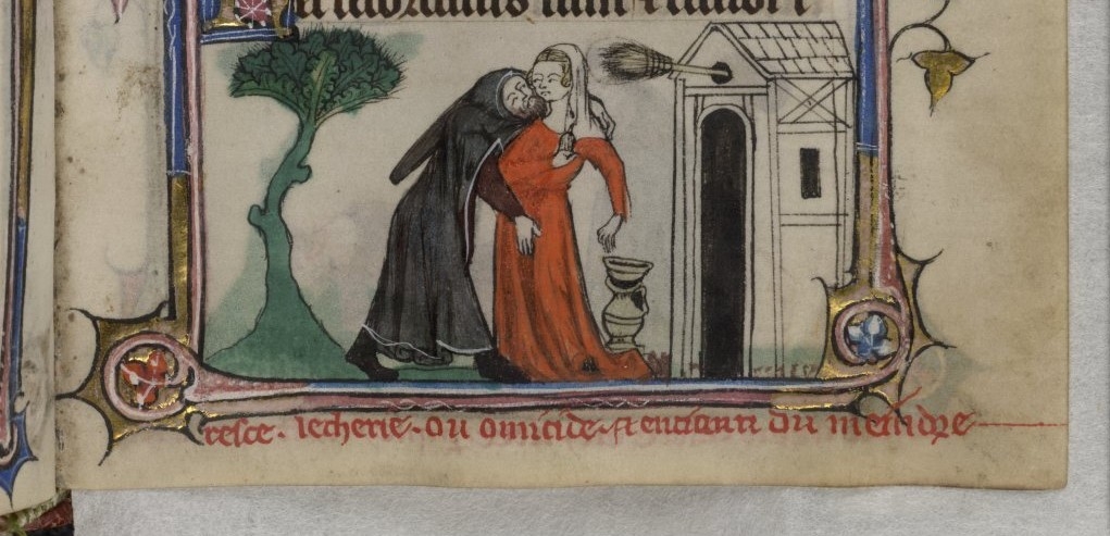 Colour image of a medieval manuscript drawing at the base of a page showing a hermit groping the genitals of a miller’s wife.