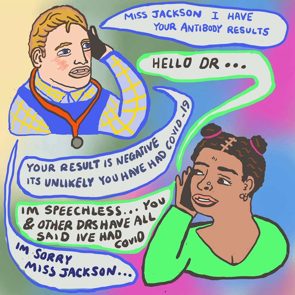 Webcomic detailing a telephone conversation between two drawn individuals. The conversation says that one of the individuals, Miss Jackson, has a negative result for an antibody test for COVID-19, meaning it is unlikely they have had the virus. 