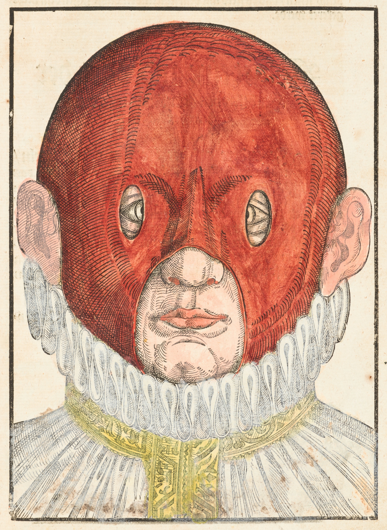 Coloured engraving from a 16th century book showing a person's head and neck ruff. On their head is a red mask which has small holes exposing the outside edges of their eyes and larger holes exposing their ears, nose and mouth.