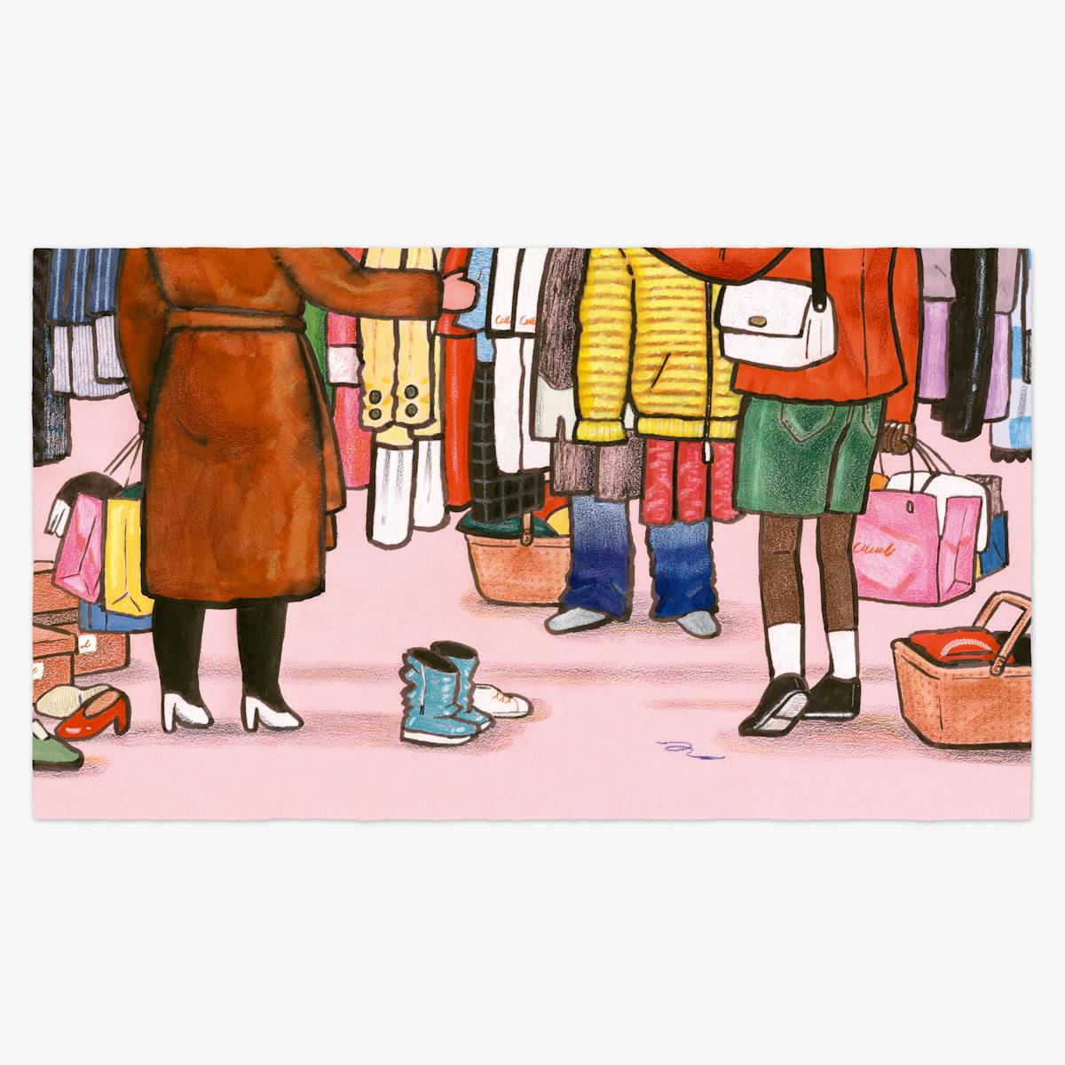 Colour hand drawn artwork showing a clothing market scene. Several people are depicted from the shoulders down, excluding their faces. The people who are carrying shopping bags, are browsing clothing which is hanging from a rail. On the floor are several pairs of shoes and bags and boxes.