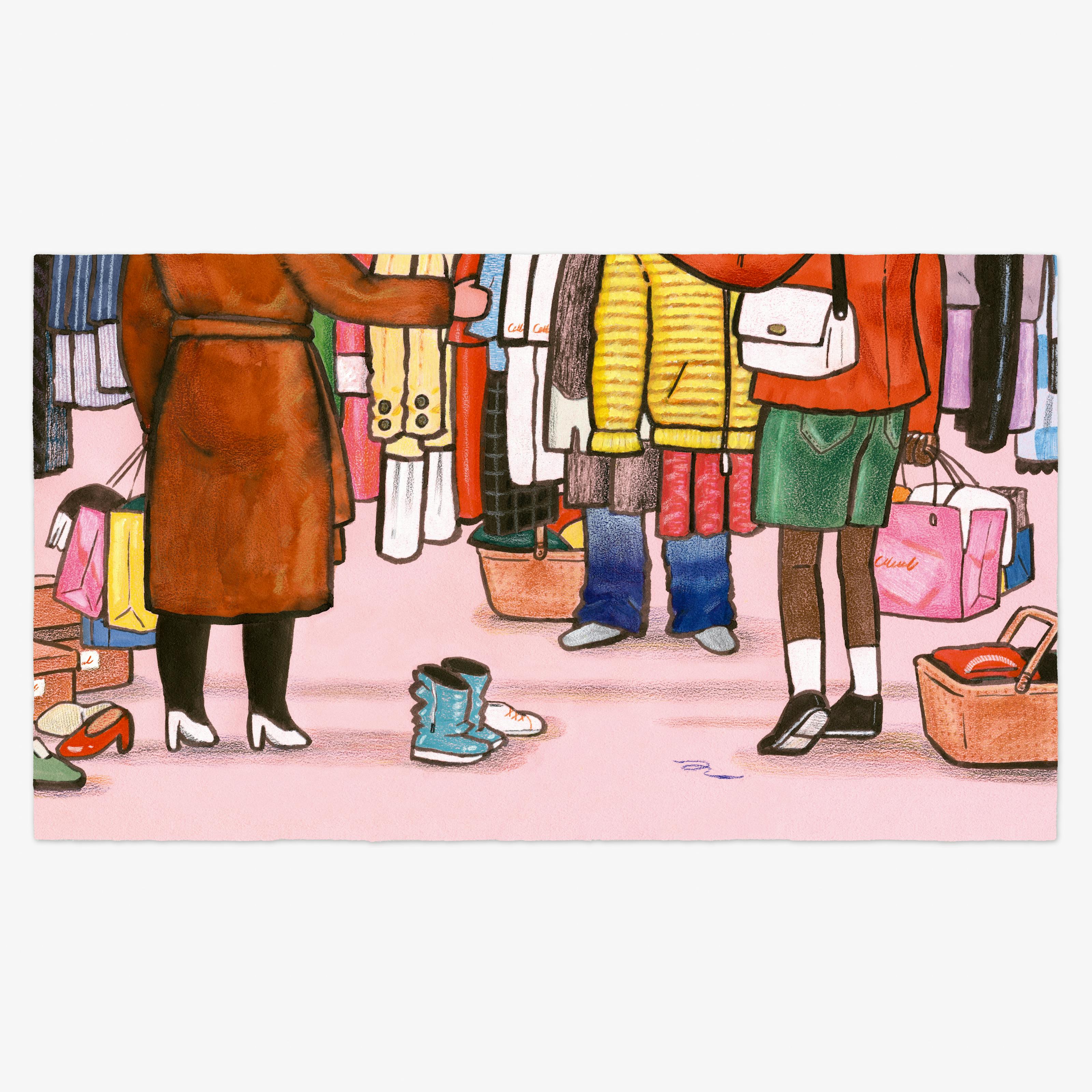 Colour hand drawn artwork showing a clothing market scene. Several people are depicted from the shoulders down, excluding their faces. The people who are carrying shopping bags, are browsing clothing which is hanging from a rail. On the floor are several pairs of shoes and bags and boxes.