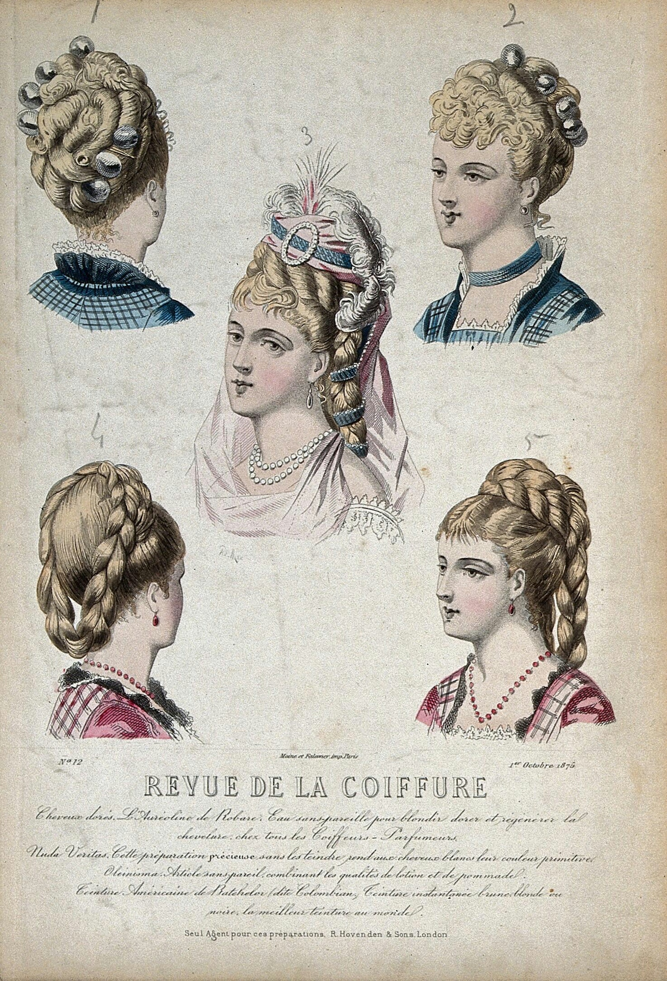 Colour illustration showing the heads and shoulders of three different white women with blonde hair.  There are five images in total - three facing towards the viewer, two facing away to show the back of the head. Each woman has her hair elaborately styled with plaits and chignons.