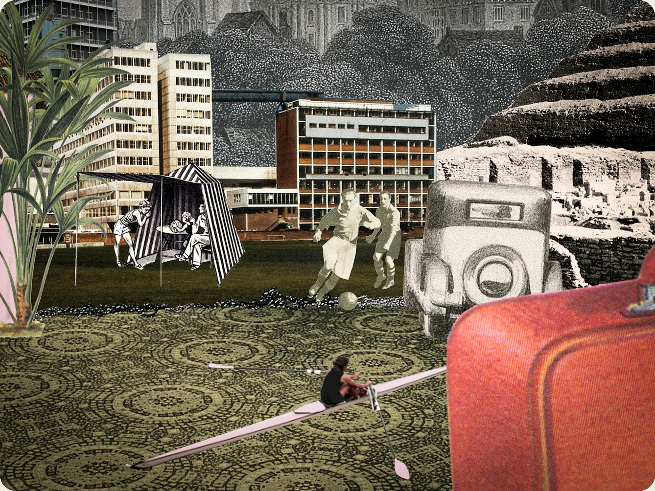 Artwork using collage. The collaged elements are made up archive material which includes, vintage photographs, etchings, painted illustrations, lithographic prints and line drawings. This artwork depicts a scene with an urban and rural combined background. In the middle and foreground are a couple of men playing football and a woman in a scull. On the left is a family in a beach tent and on the right is the corner of a suitcase and the rear end of an old car.