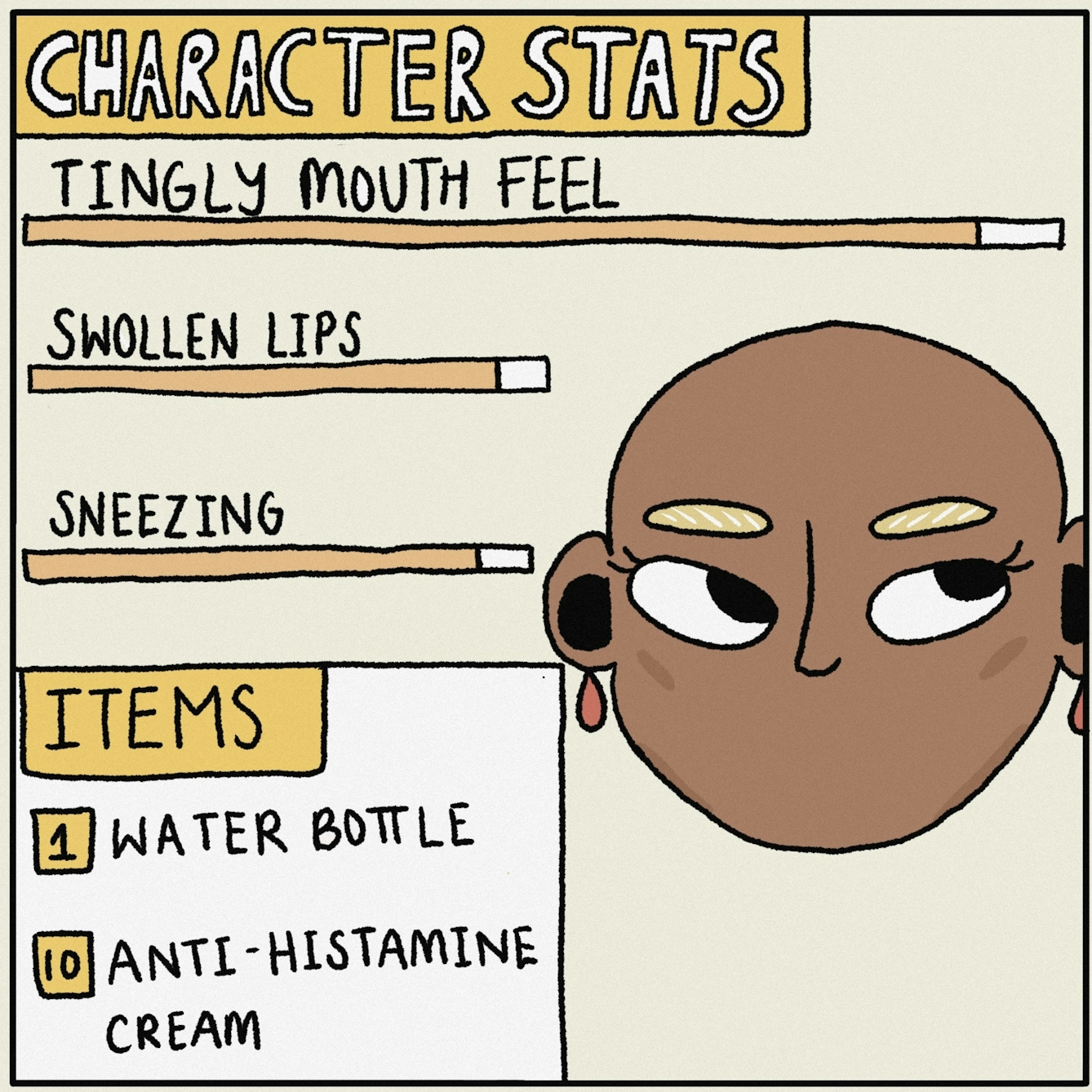 Panel 2 of a digitally drawn, four-panel comic titled ‘Overpowered’. The text at the top says ‘CHARACTER STATS’. The sliders show your character suffers badly with tingly mouth feel, swollen lips and sneezing, and carries a water bottle and antihistamines. 