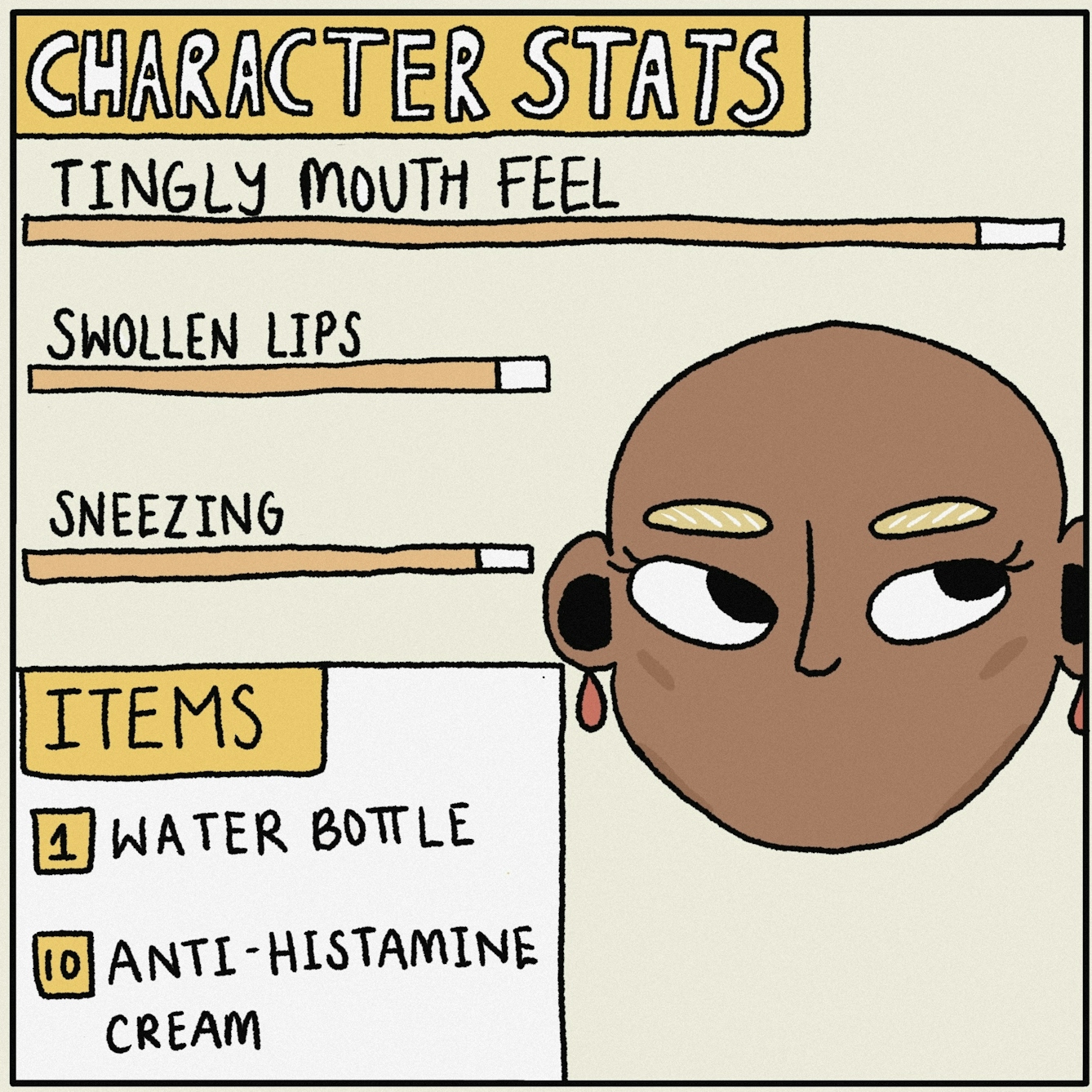 Panel 2 of a digitally drawn, four-panel comic titled ‘Overpowered’. The text at the top says ‘CHARACTER STATS’. The sliders show your character suffers badly with tingly mouth feel, swollen lips and sneezing, and carries a water bottle and antihistamines.